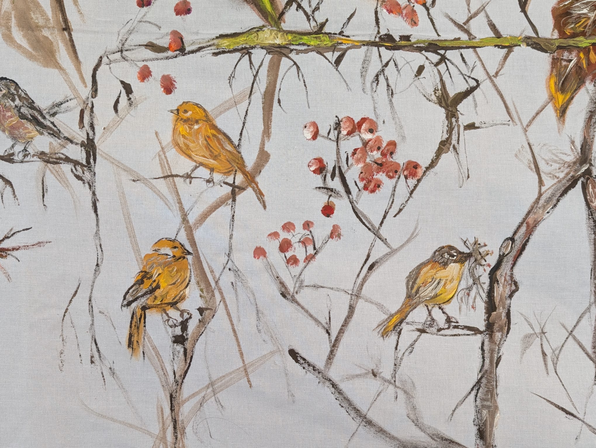 Mantel-pintado-a mano-de-pájaros-a-la-Voladera